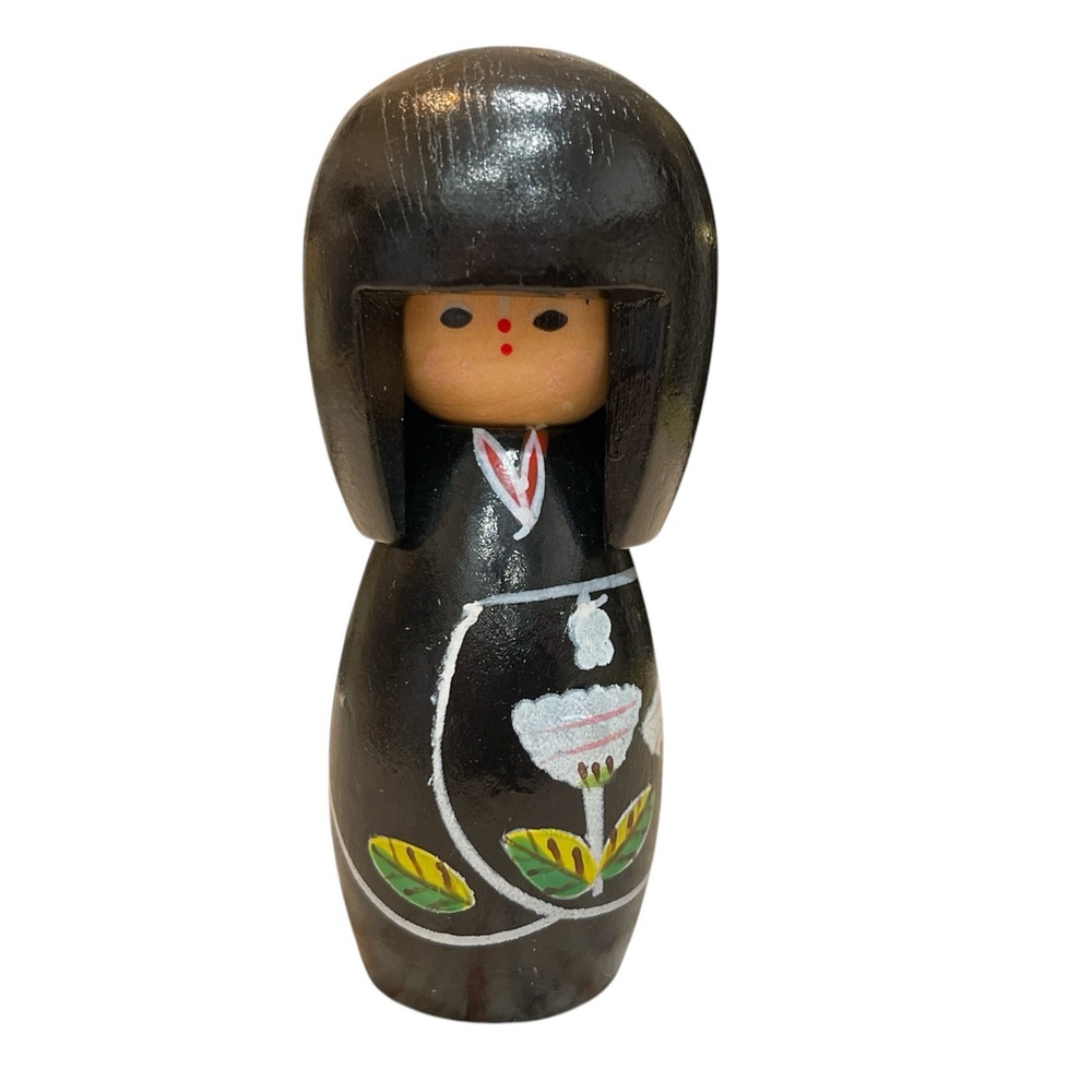 Black Wooden Kokeshi Doll with Floral Design